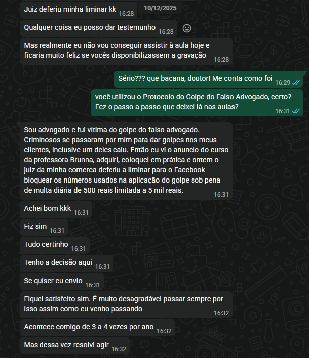 Print de conversa: advogado conta que o juiz deferiu a liminar após usar o Protocolo