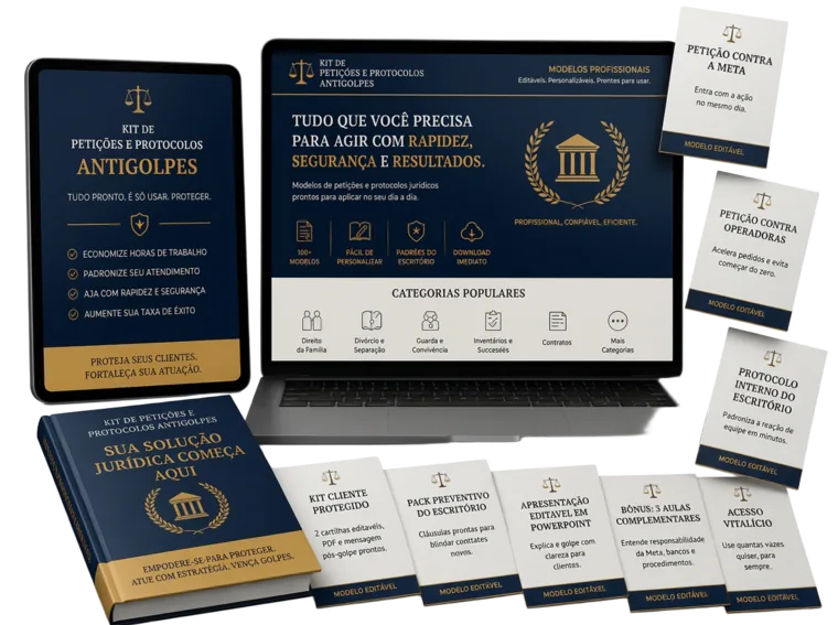 Kit de petições e protocolos antigolpes exibido em notebook, tablet, livro e cartões